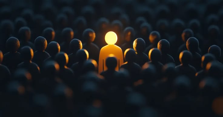 One illuminated person in a crowd